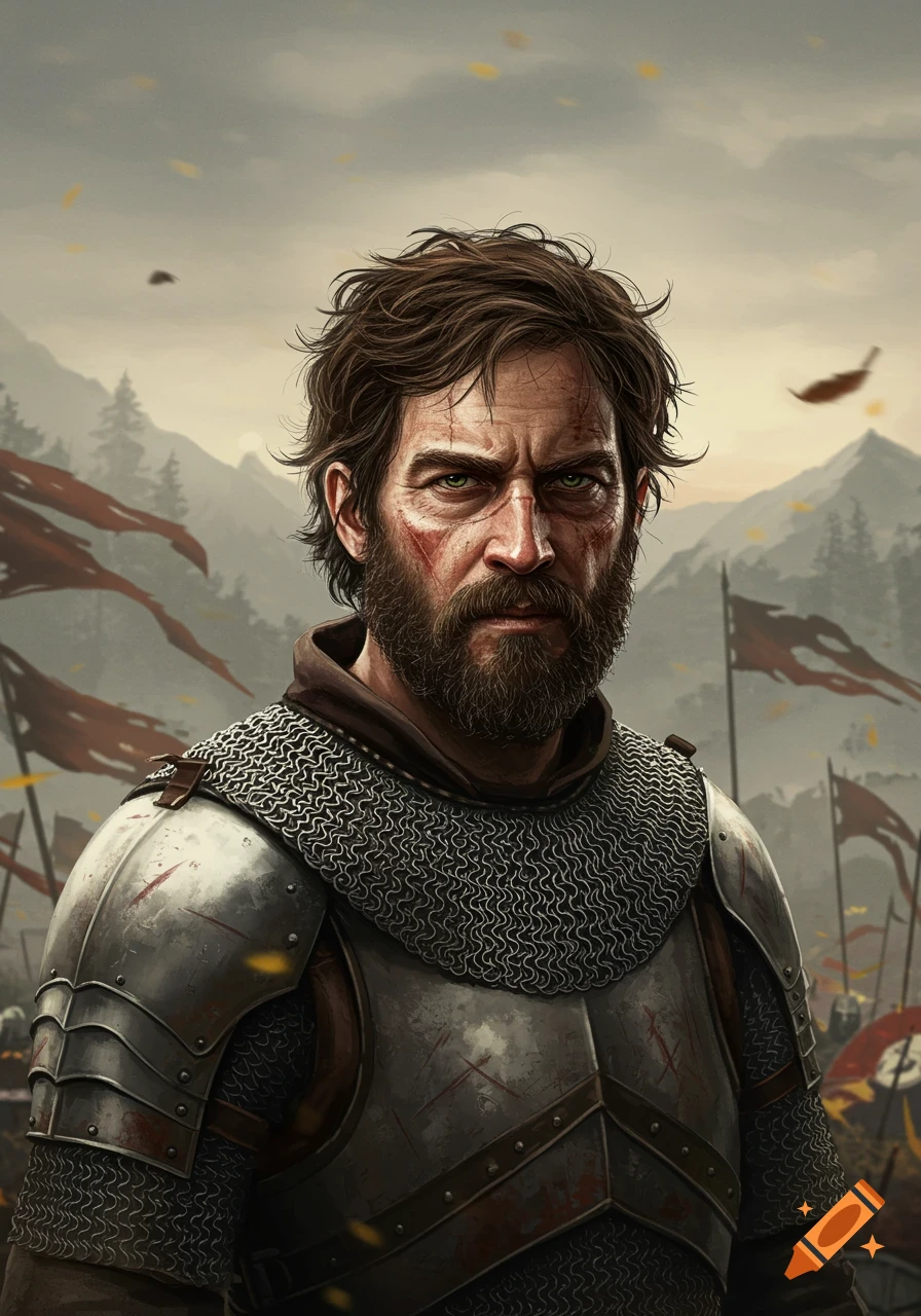 Photorealistic portrait of a grizzled male warrior in chainmail and plate armor with facial scars, mountains and flags in background.