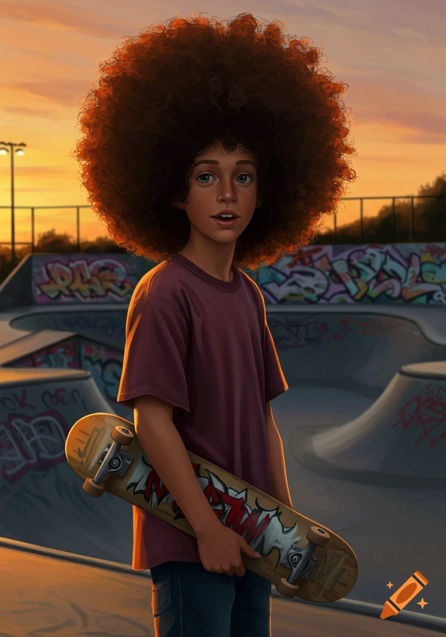 Illustration of a young person with a large afro holding a skateboard in a skate park at sunset.
