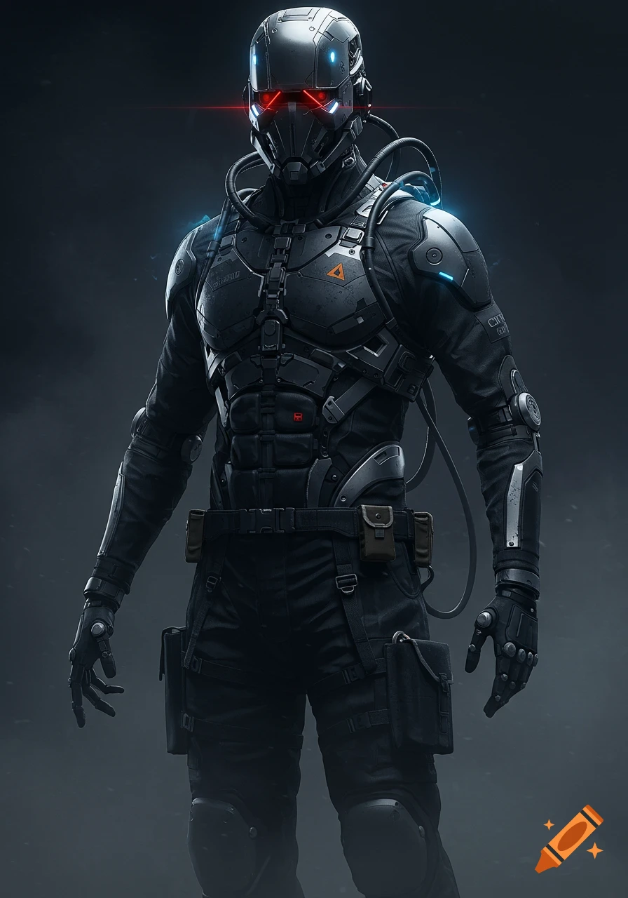 A full-body shot of a mysterious cybernetic character in matte black armor with red and blue glowing lights.