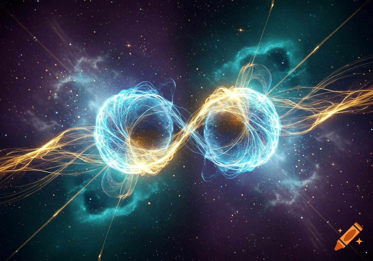 Two luminous blue and gold energy spheres linked by glowing tendrils against a dark starry cosmic background with nebulae.