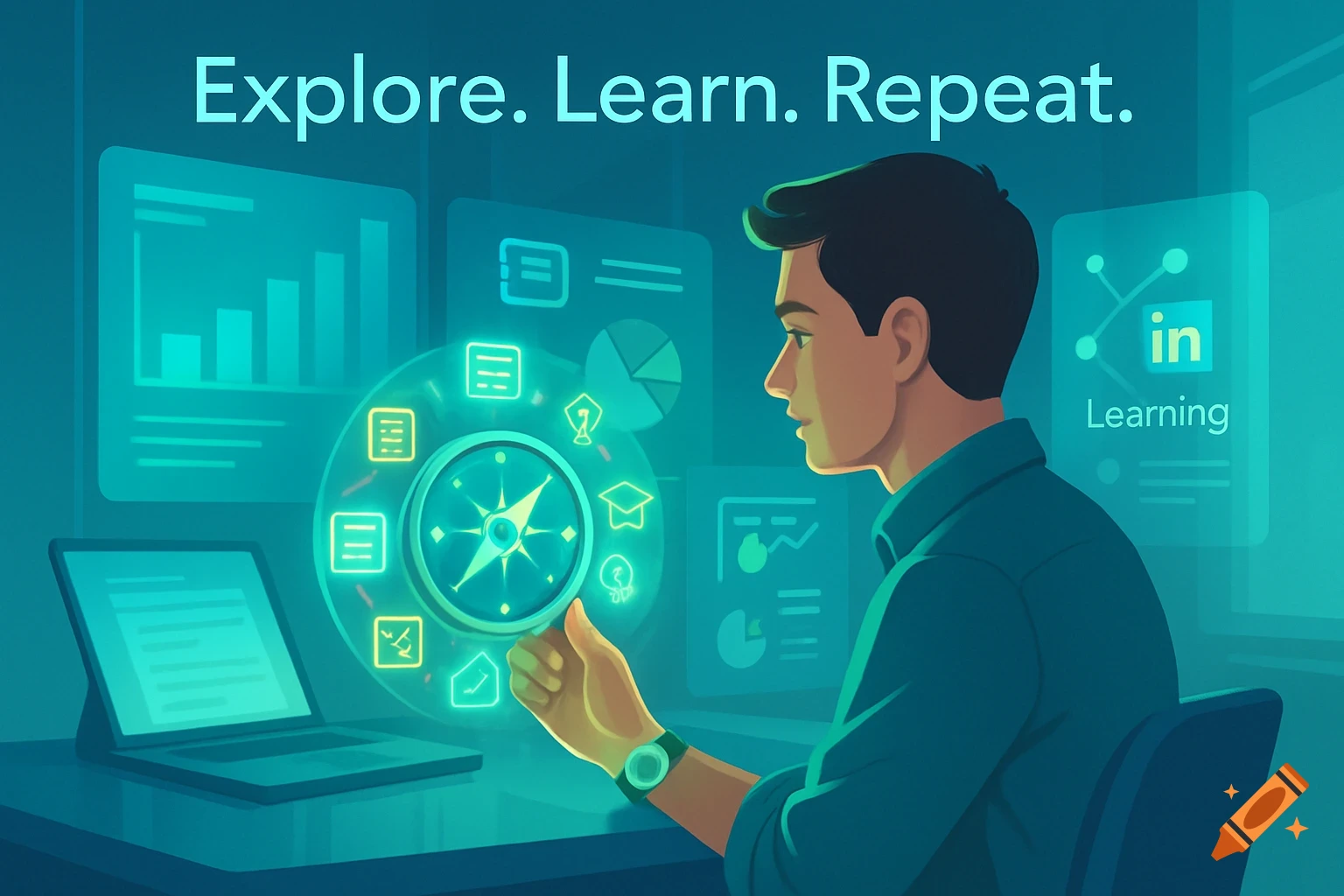 An illustrated man interacts with glowing learning icons and a compass, with 'Explore. Learn. Repeat.' text.