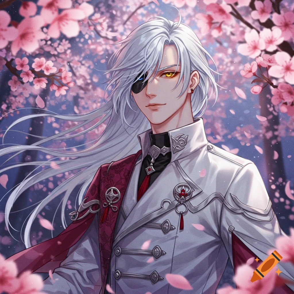 An anime man with long silver hair, an eyepatch, and a yellow eye, wearing a white coat and red sash, surrounded by pink cherry blossoms.