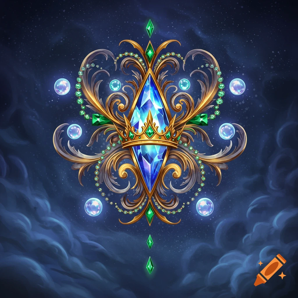 A vibrant blue faceted gem with a golden crown, surrounded by ornate gold filigree, green gems, and bubbles, against a starry night sky.