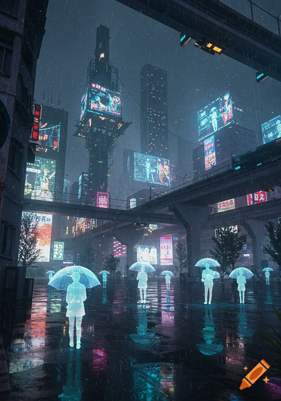 A futuristic Tokyo cityscape at night in the rain, with glowing holographic people holding umbrellas on a wet street surrounded by illuminated billboards and skyscrapers.
