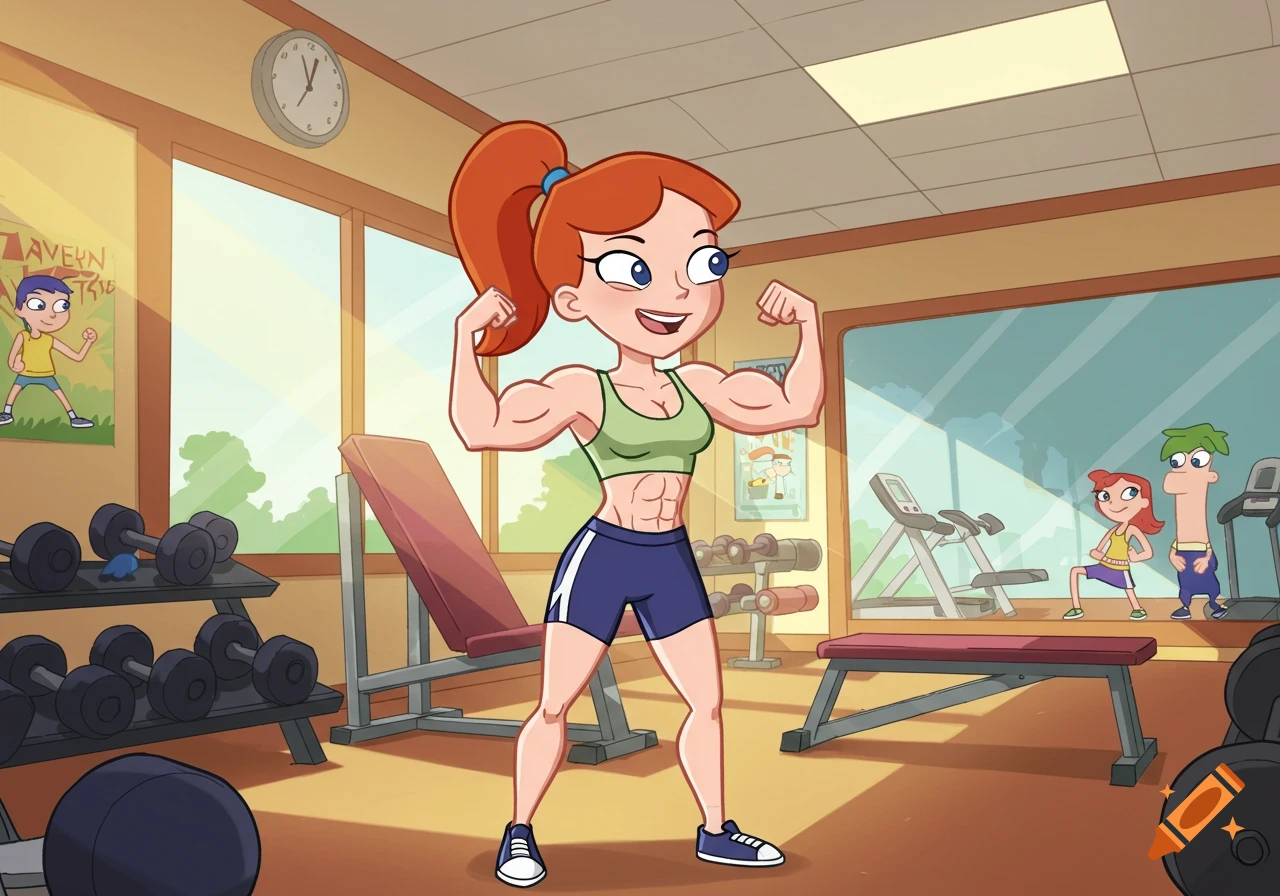 Cartoon character Linda Flynn from Phineas and Ferb flexes her muscular arms and abs at a gym.