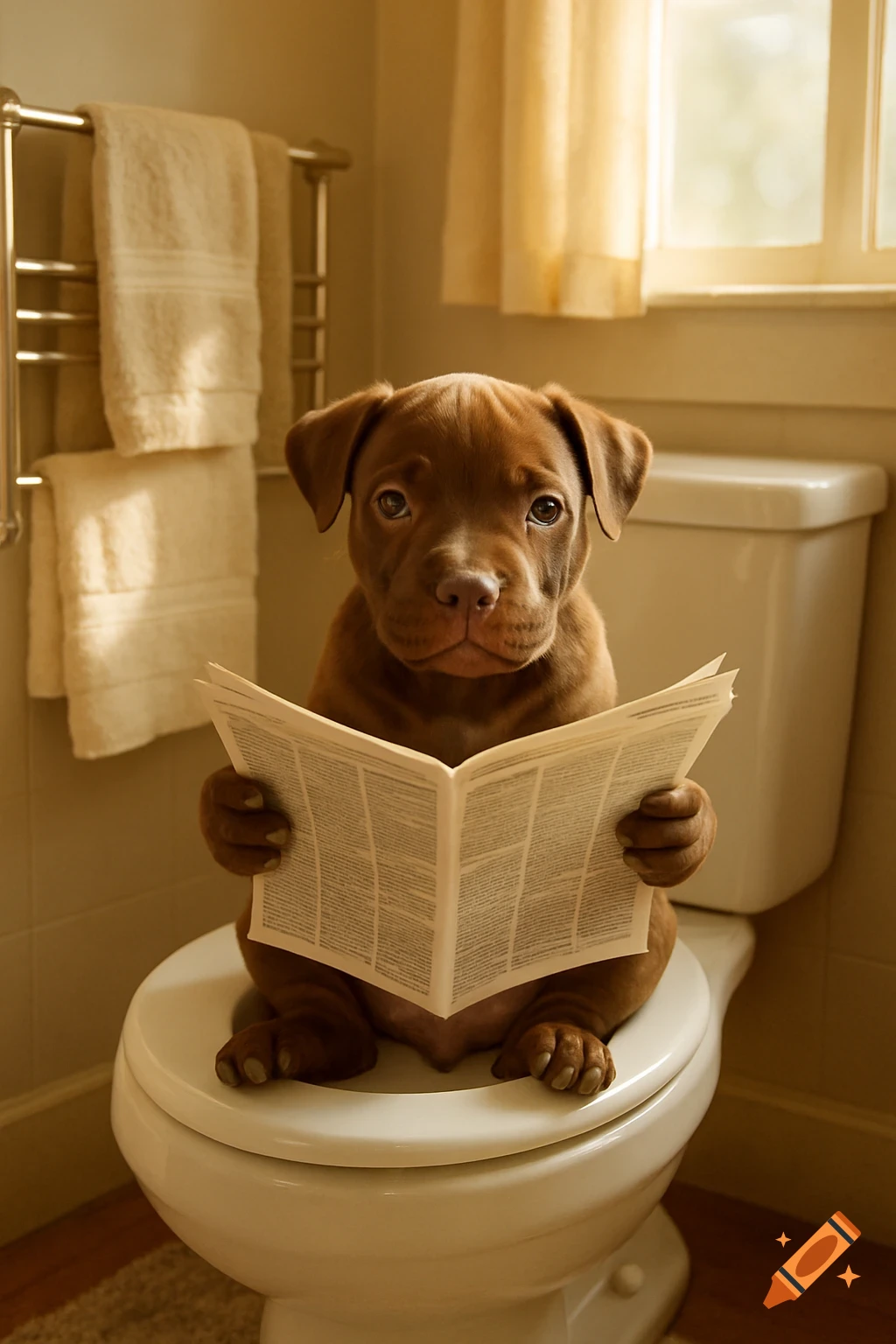 Photorealistic image of a serious chocolate pitbull puppy sitting on a toilet and reading a newspaper in a cozy bathroom.