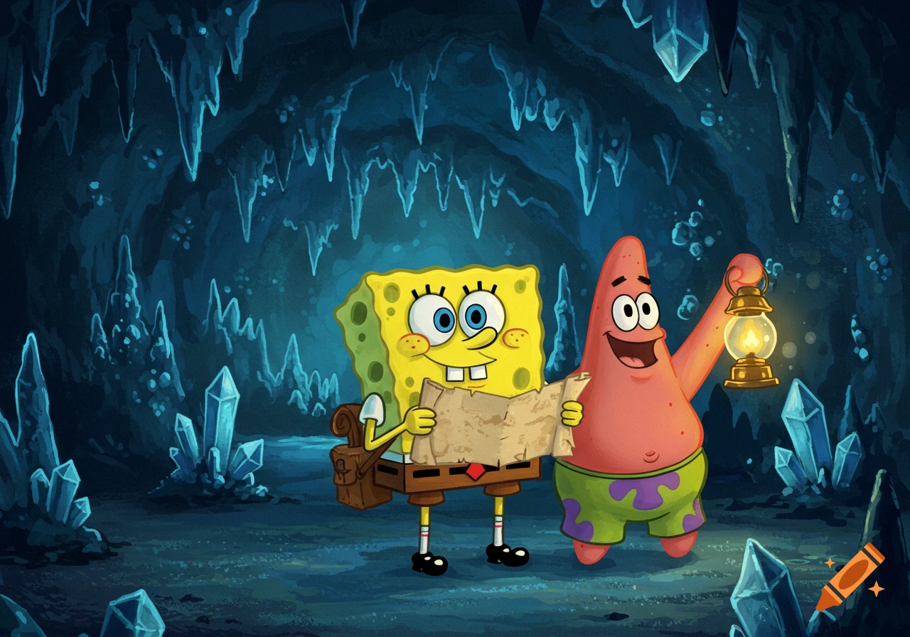SpongeBob SquarePants looks at a map while Patrick Star holds a lit lantern in a dark cave filled with blue crystals.