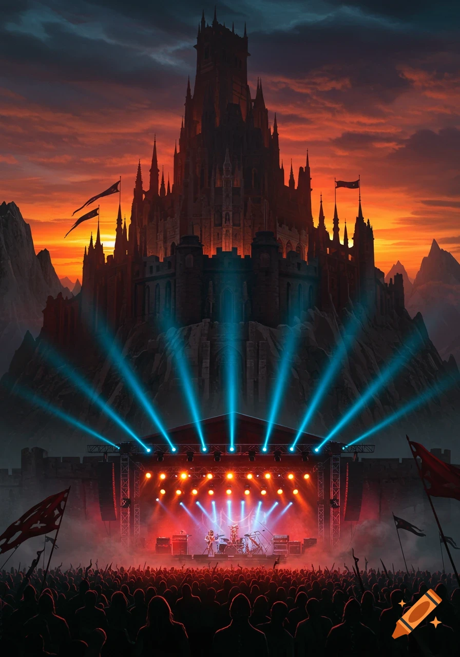 A large rock concert stage is illuminated by bright lights in front of a massive, gothic castle at sunset, with a huge crowd and towering mountains.