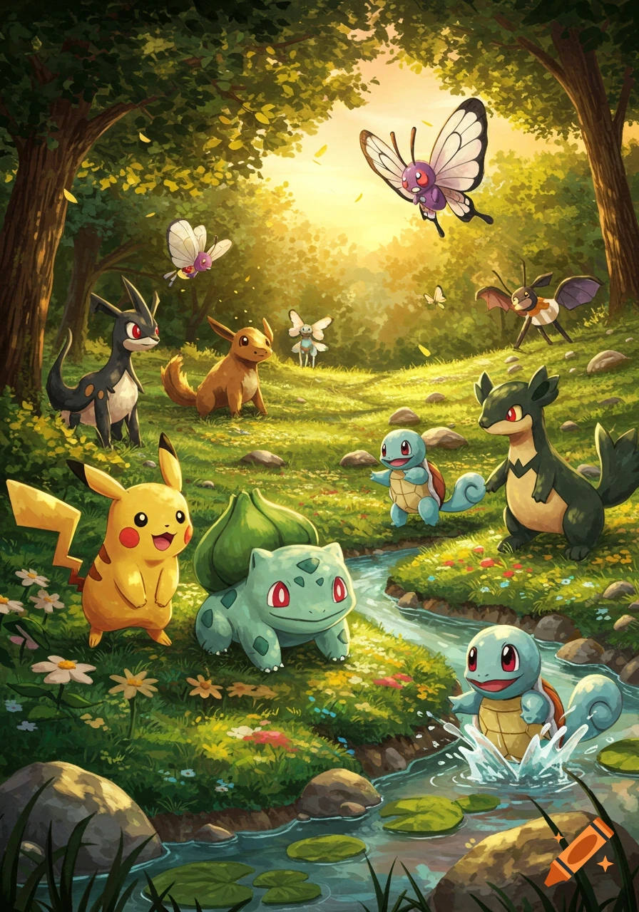 Pikachu, Bulbasaur, Squirtle, and other Pokémon gather in a lush, sunlit forest with a stream, in a vibrant, illustrative style.