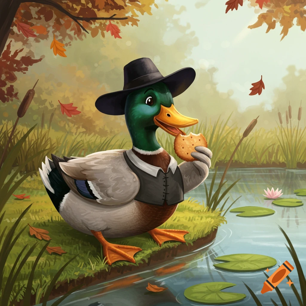 A cartoon mallard duck wearing a black hat and vest sits by a pond in autumn, eating a cracker.