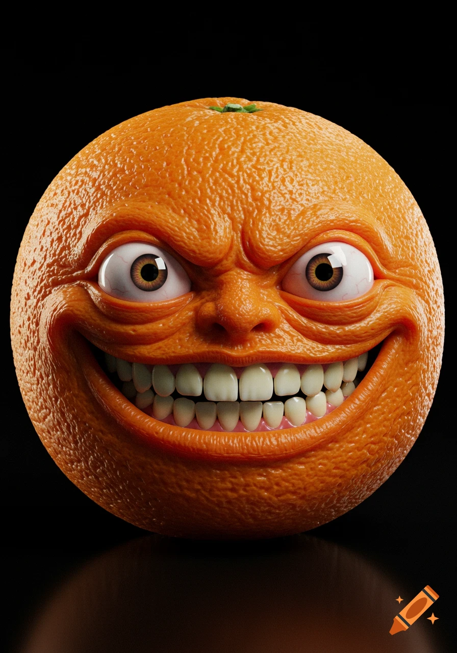 A photorealistic, distorted orange with creepy human eyes and a wide, menacing smile revealing many teeth, set against a black background.