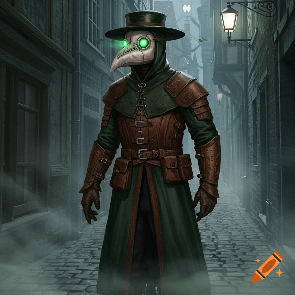 A plague doctor in a dark green coat, brown leather armor, and a bird-like mask with glowing green eyes stands in a misty, cobblestone alley.