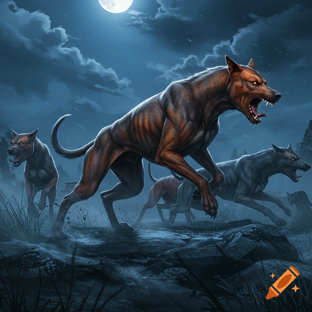 A group of menacing, powerful dogs with glowing eyes running under a full moon at night, in a dark, atmospheric fantasy style.