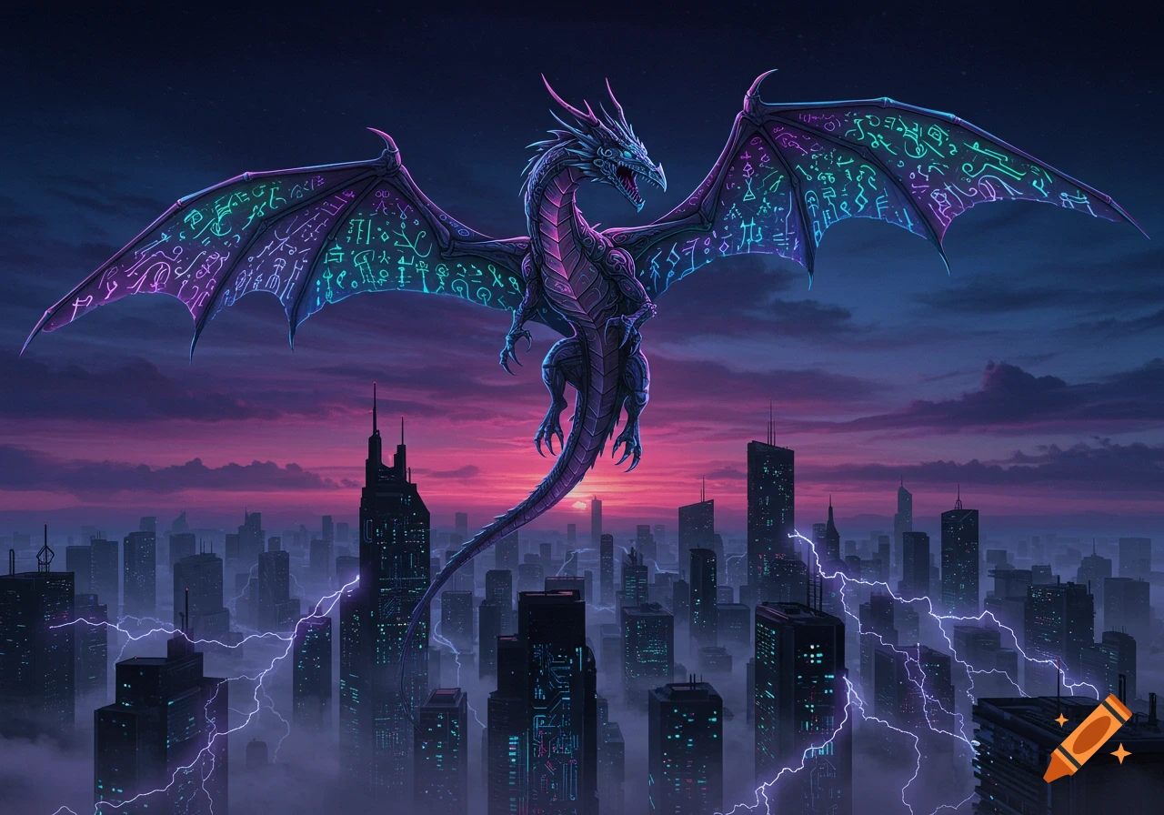 A majestic purple and blue dragon with glowing cyber-runes on its wings flies over a futuristic city at sunset with purple lightning.