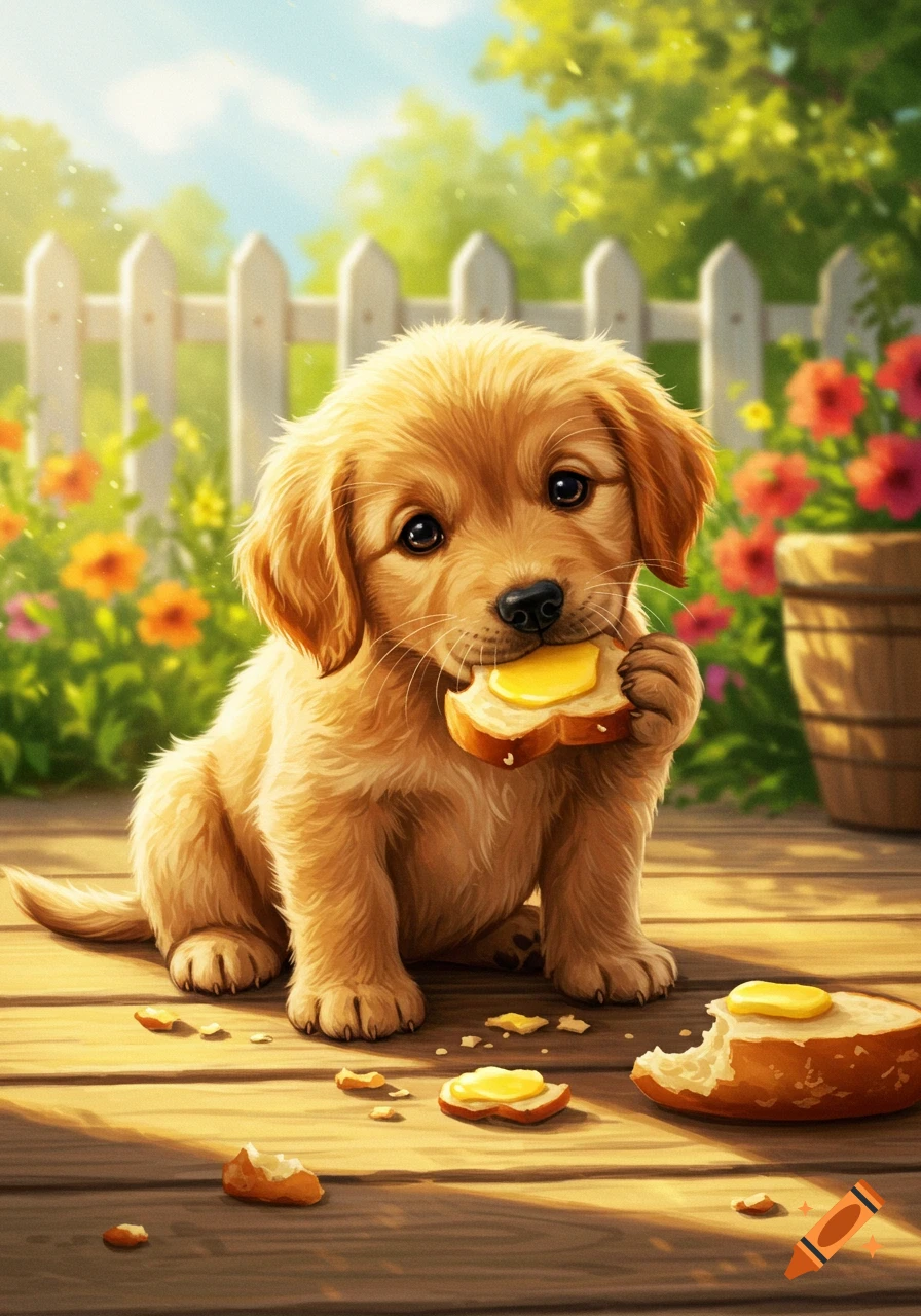 A cute golden retriever puppy sits on a wooden deck, eating a piece of buttered bread in a sunny garden.