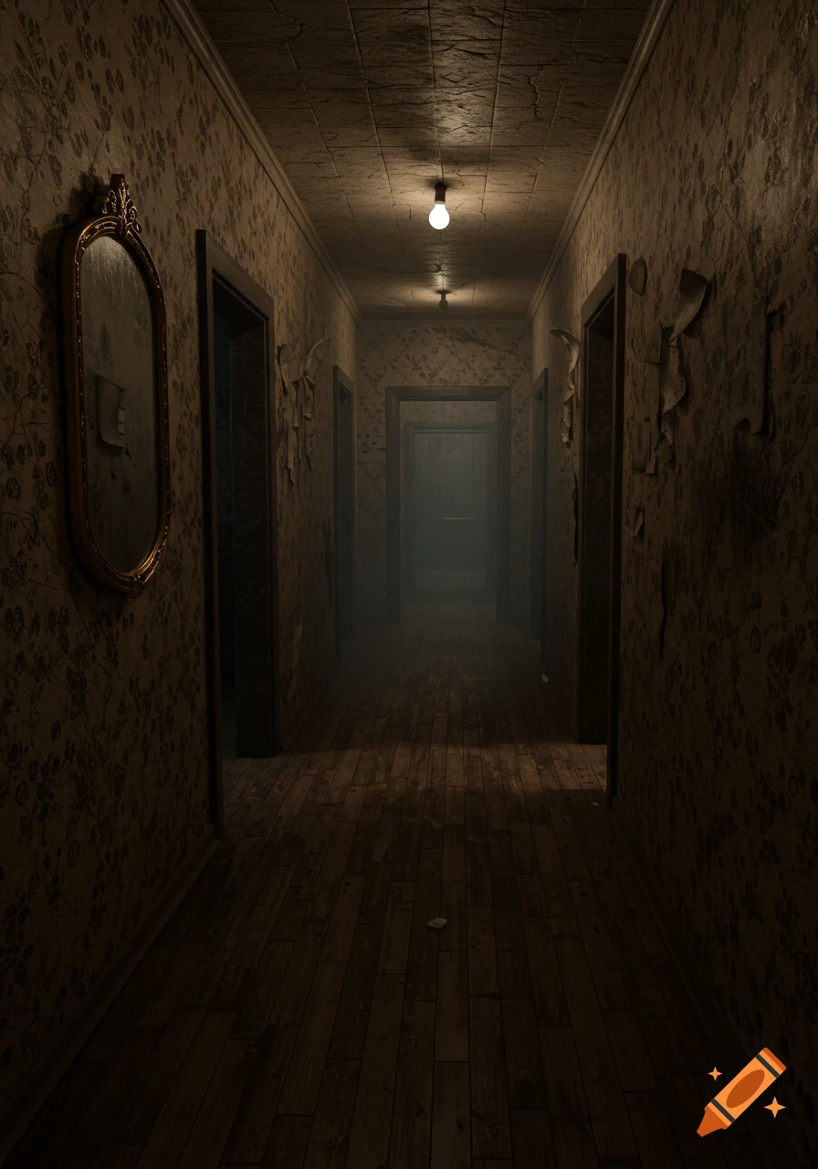 A dark, eerie apartment hallway with peeling wallpaper, wooden floors, and a vintage mirror, lit by dim ceiling lights.