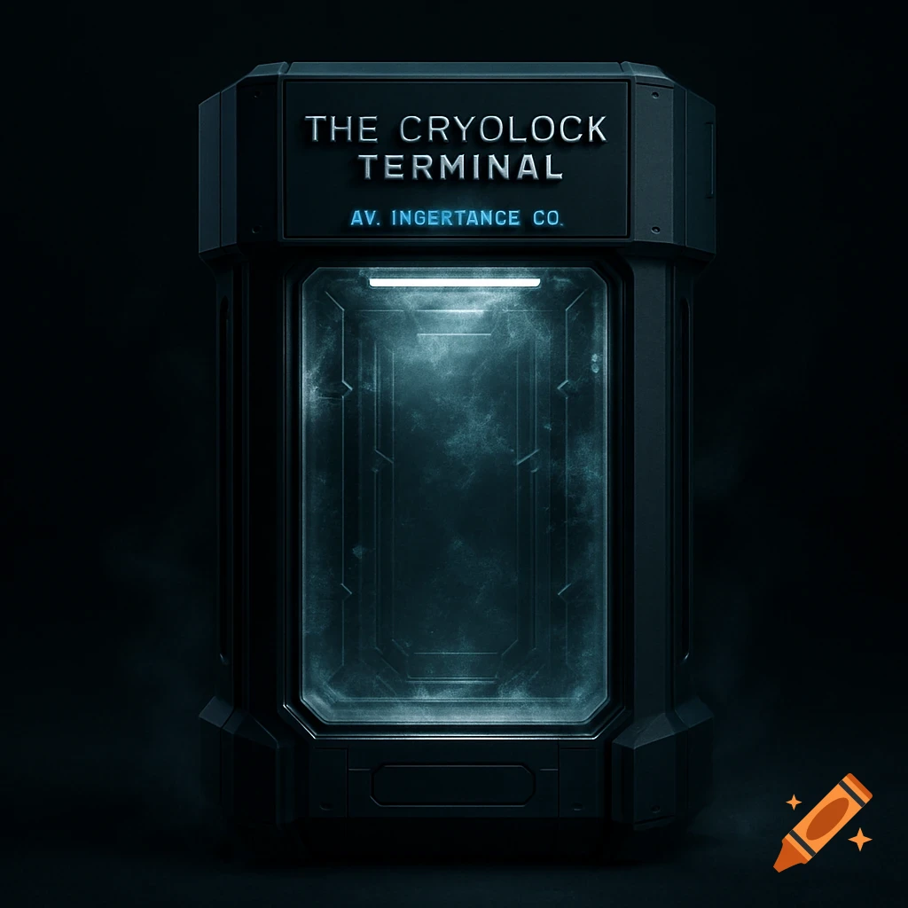 Futuristic cryo-chamber or terminal with glowing blue light and frosty glass in a dark setting.