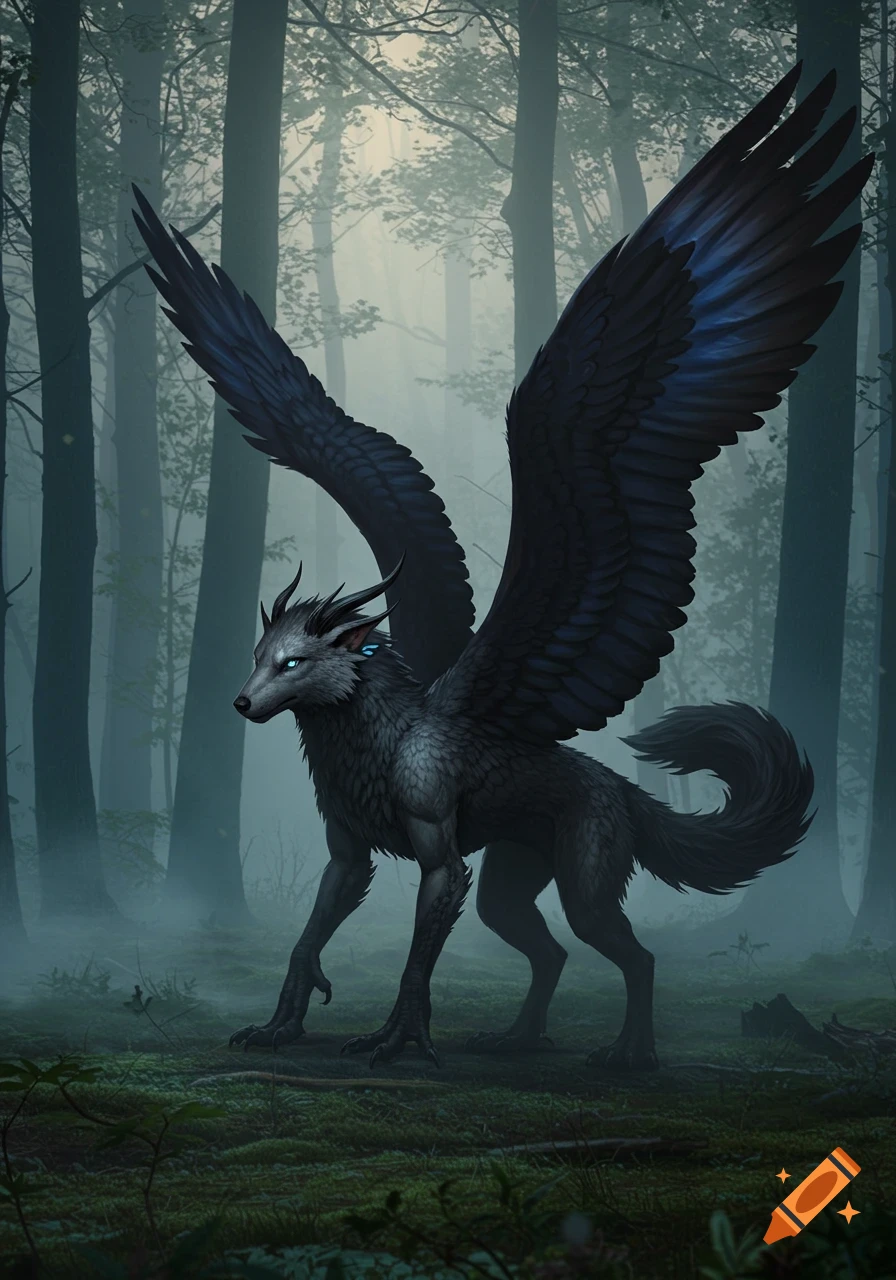 A dark grey winged wolf-like creature with glowing blue eyes and horns stands in a misty, dark forest.