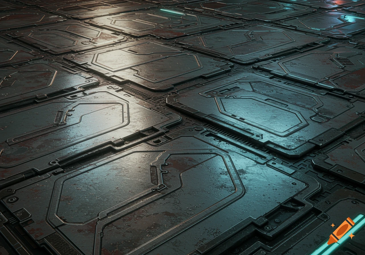 Photorealistic close-up of rusty sci-fi metal floor panels with glowing blue lights.