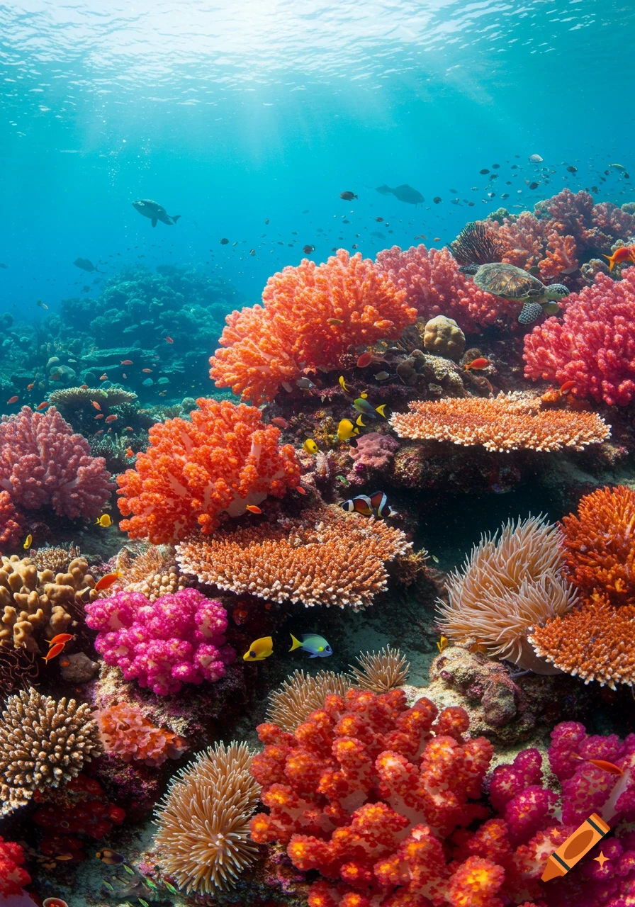 Vibrant underwater view of a colorful coral reef teeming with various fish and a sea turtle, with sunlight filtering through the blue water.