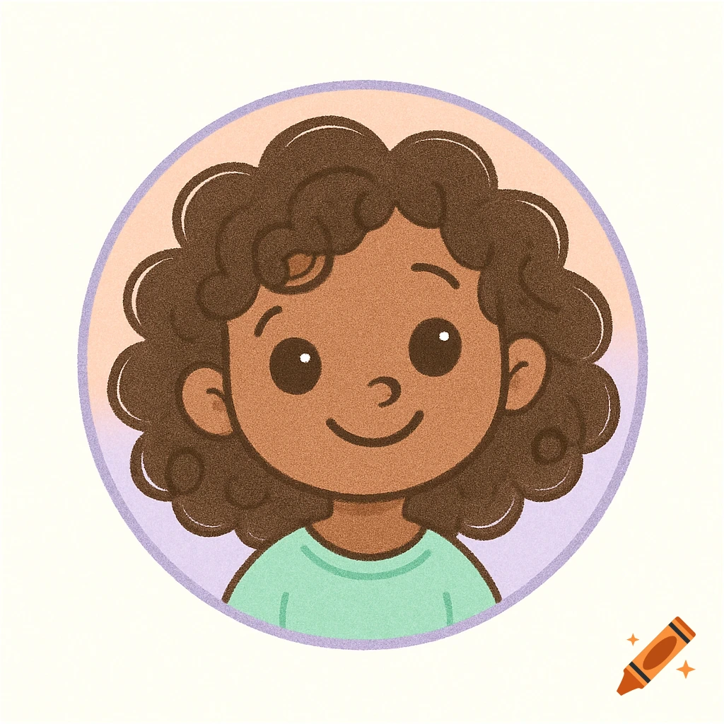 Pastel cartoon logo of a cute Black girl with curly hair in a circular frame.