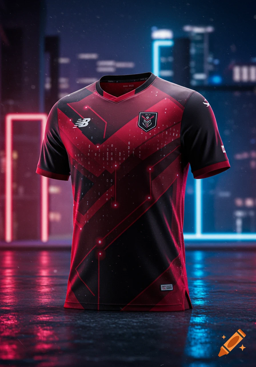 A vibrant red and black e-sports jersey with a tech-inspired circuit pattern and numeric data, featuring the New Balance logo and a shield crest, stands illuminated by neon lights.