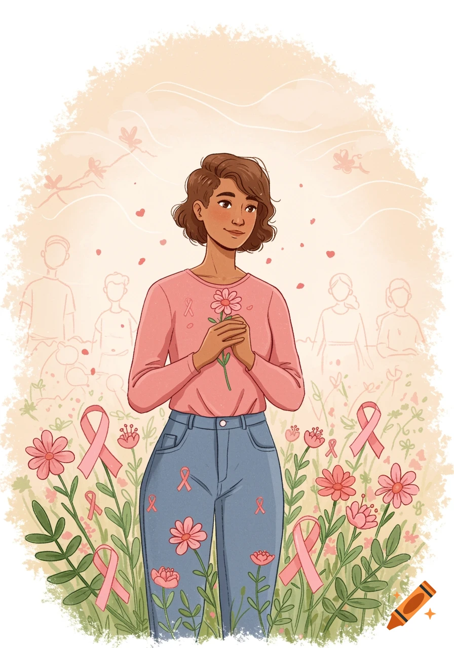 Cartoon illustration of a woman in a pink shirt and blue jeans holding a flower, surrounded by pink flowers and breast cancer awareness ribbons.