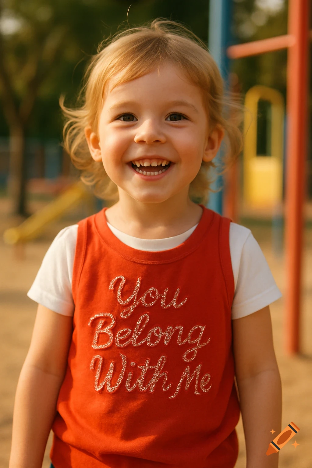 Photorealistic portrait of a smiling young child in a red top with 'You Belong With Me' text at a sunny playground.