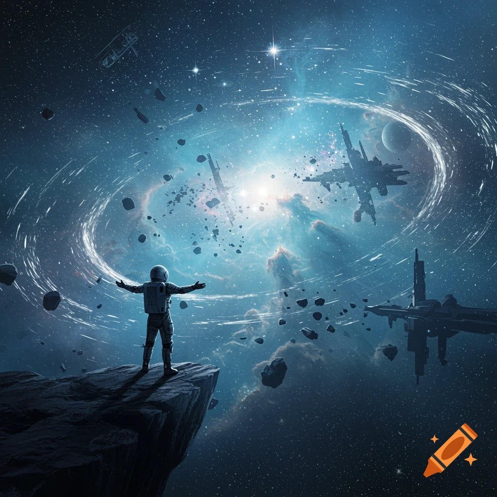 An astronaut stands on a rocky cliff edge, arms outstretched, gazing at a swirling galaxy filled with stars, nebulae, asteroids, and distant spaceships.