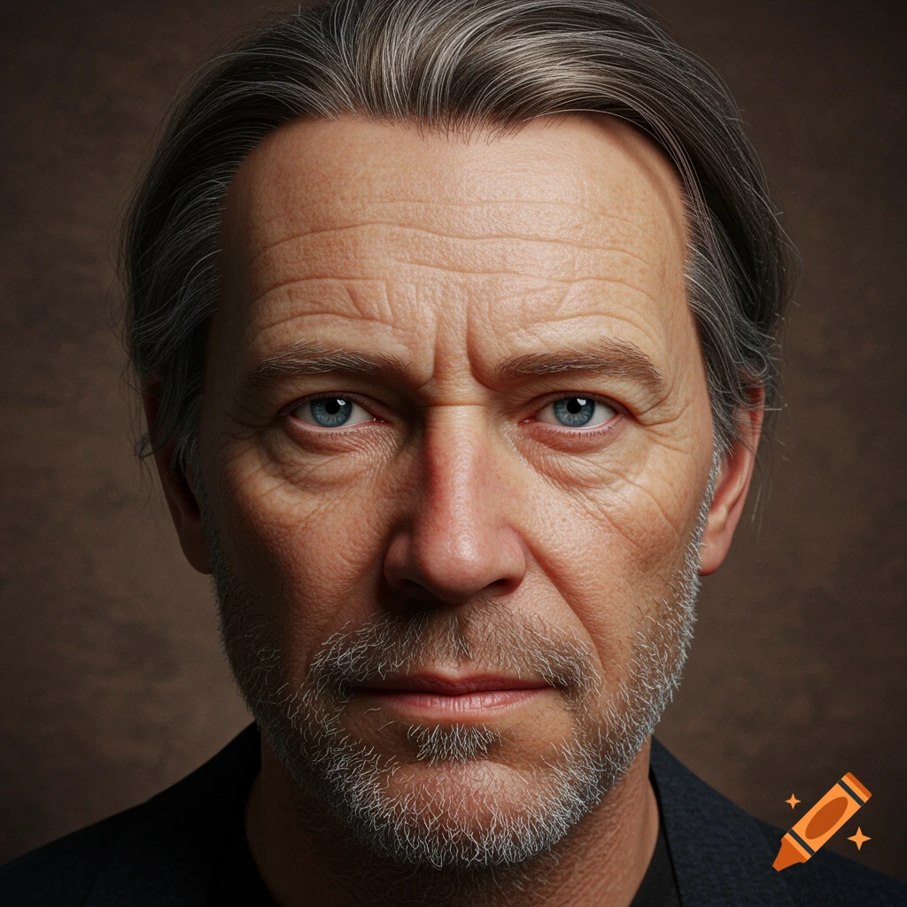 A close-up, photorealistic portrait of an older man with graying hair and beard, blue eyes, looking directly at the camera.