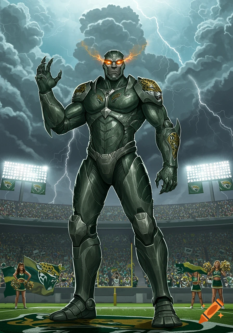 A large, armored supervillain with glowing orange eyes and jaguar-themed armor stands on a football field with the Jacksonville Jaguars logo, lightning striking above a stadium packed with fans.