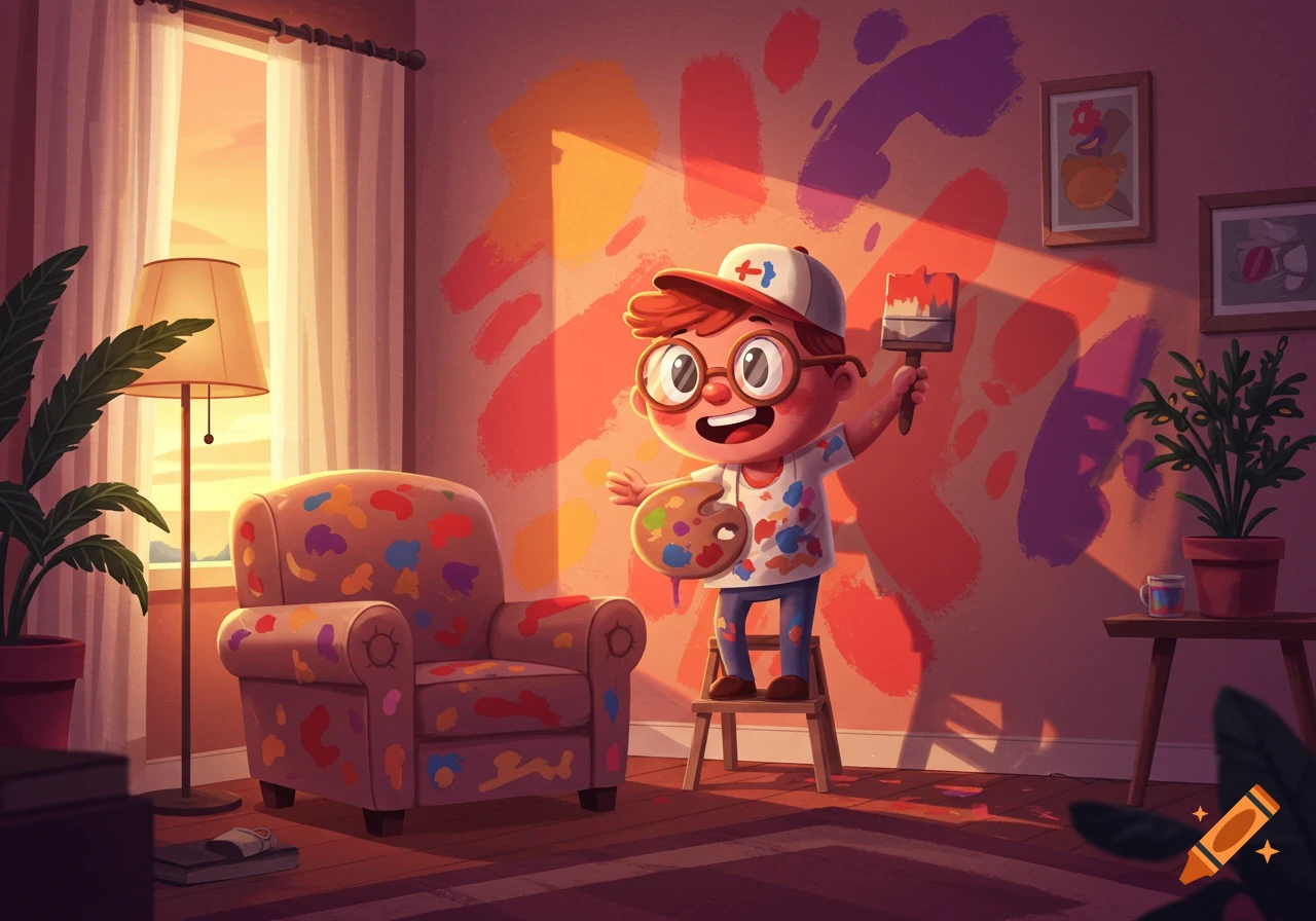 A happy cartoon boy covered in paint, holding a brush and a palette, stands on a stool painting colorful streaks on a living room wall.