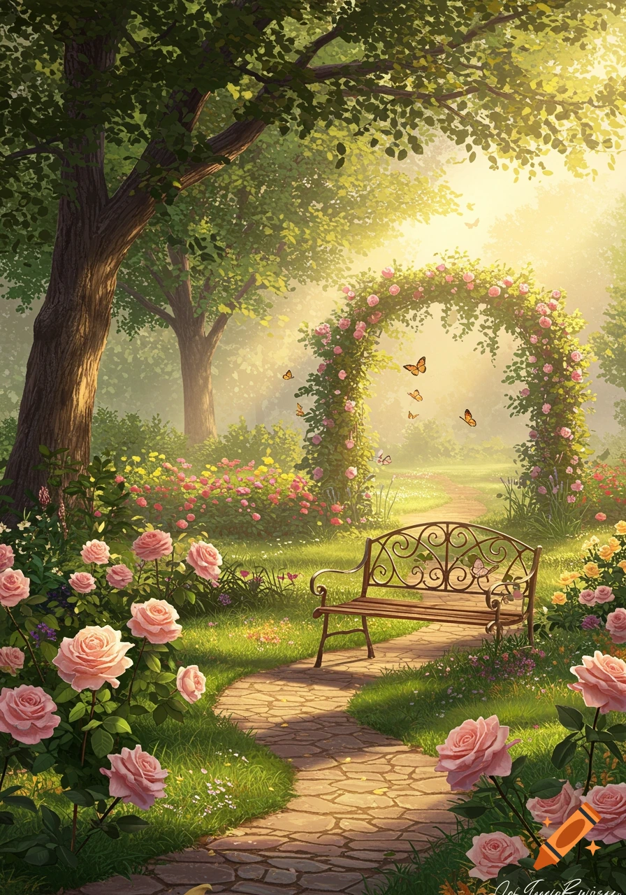 A Misty Sunlit Garden Scene With A Large Tree A Wooden Park Bench AUyNcNOdRXqdi5rNrnDvgA.webp