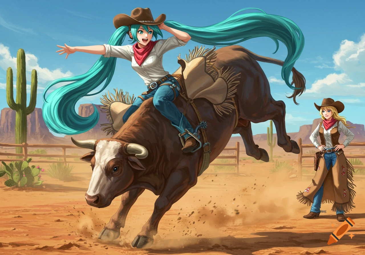 Anime-style Hatsune Miku as a cowgirl riding a bucking bull in a dusty western frontier, watched by another cowgirl.