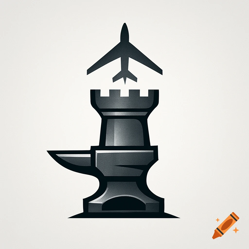 A stylized black and gray logo combining an anvil, a rook chess piece, and a bomber aircraft against a white background.