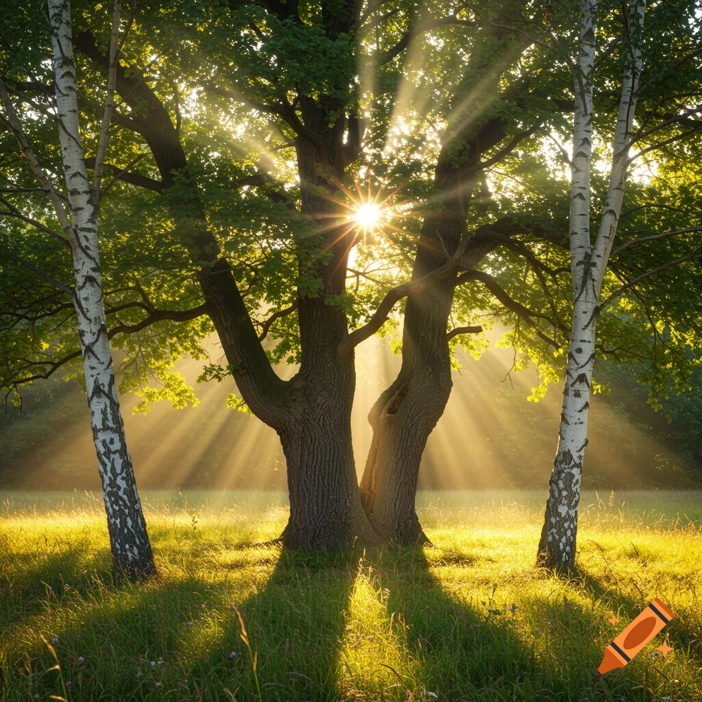 Three trees in a sunny field with rays of light shining through the leaves, casting long shadows.