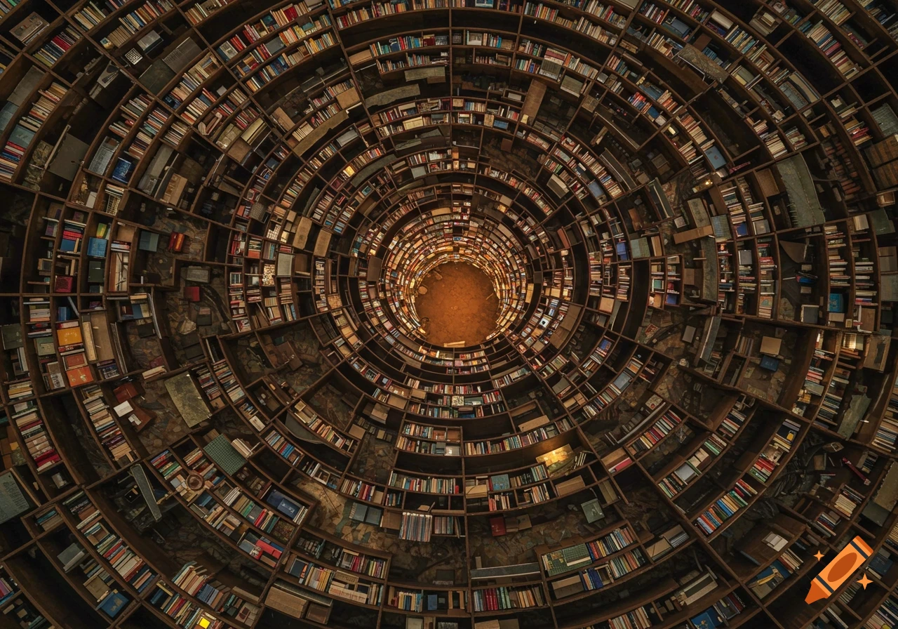 A photorealistic overhead view of a circular maze constructed from towering bookcases filled with countless books, leading to a dirt floor at the center.