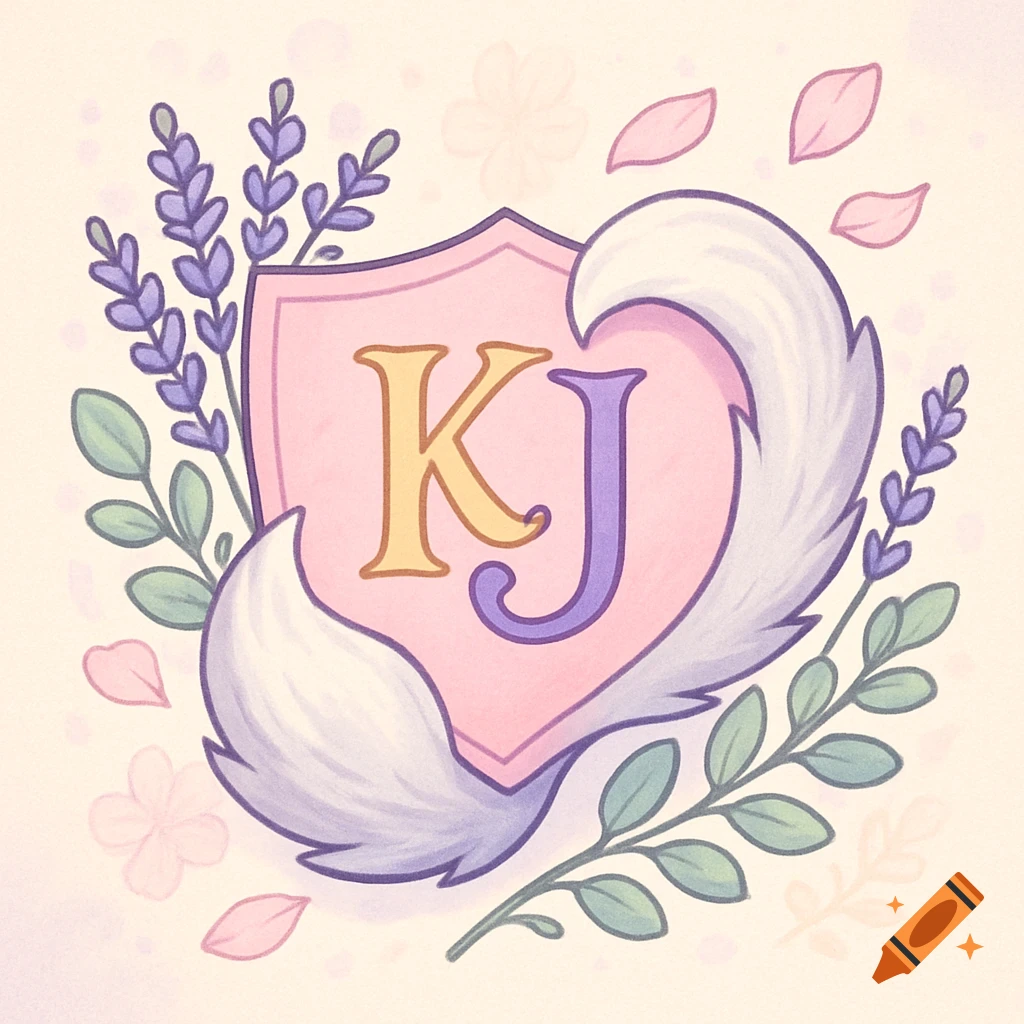 A whimsical cartoon heraldic shield shaped like a pink heart with a white fox tail, gold 'K' and purple 'J', surrounded by lavender and leaves on a cream background.