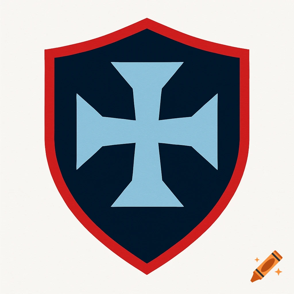 A navy blue shield with a light blue St Maurice cross and a red border.
