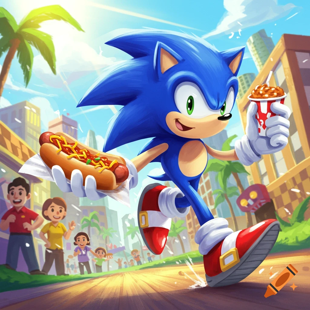 Sonic the Hedgehog runs through a sunny city street holding a hot dog and a cup of chili.