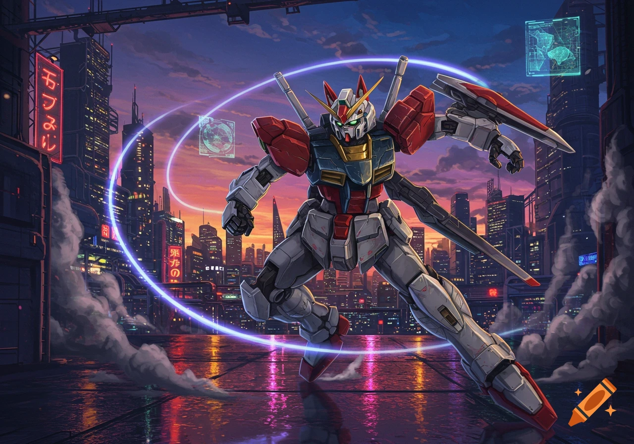 An anime-style Gundam robot with cat ears in a dynamic battle pose against a futuristic city backdrop at sunset.
