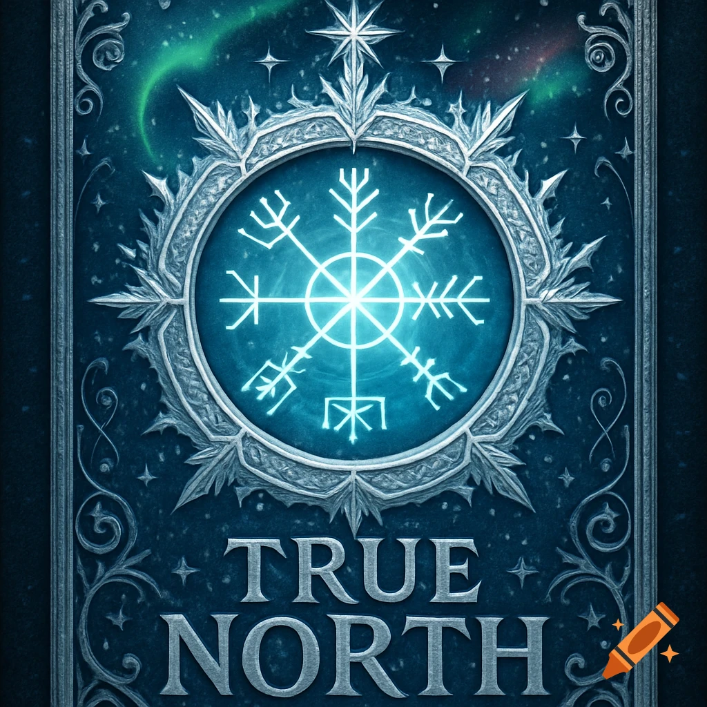 Ornate dark blue design with glowing snowflake symbol, silver frost, star, and 'TRUE NORTH' text. Aurora borealis in background.