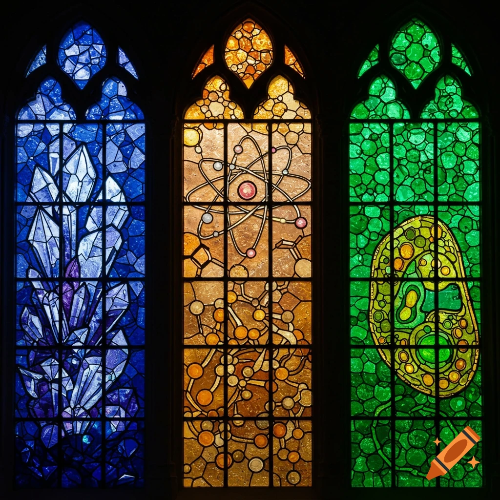 Three vibrant stained glass windows depict science themes: blue crystals, an orange atom, and green cells.
