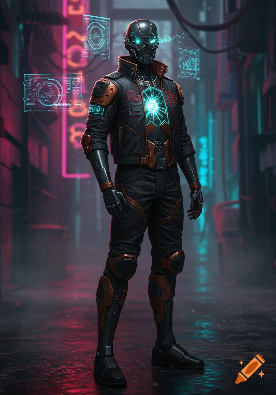 A futuristic robot in black and copper armor with a glowing blue core stands in a neon-lit cyberpunk alley with holographic displays.