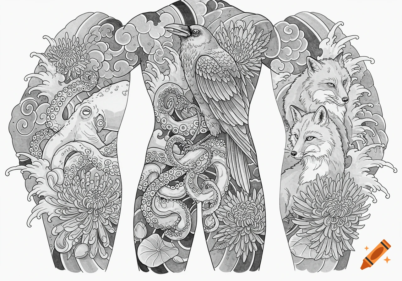 Detailed blackwork tattoo design with a raven, octopus, two foxes, chrysanthemums, and lotus flowers amidst Asian clouds and waves.