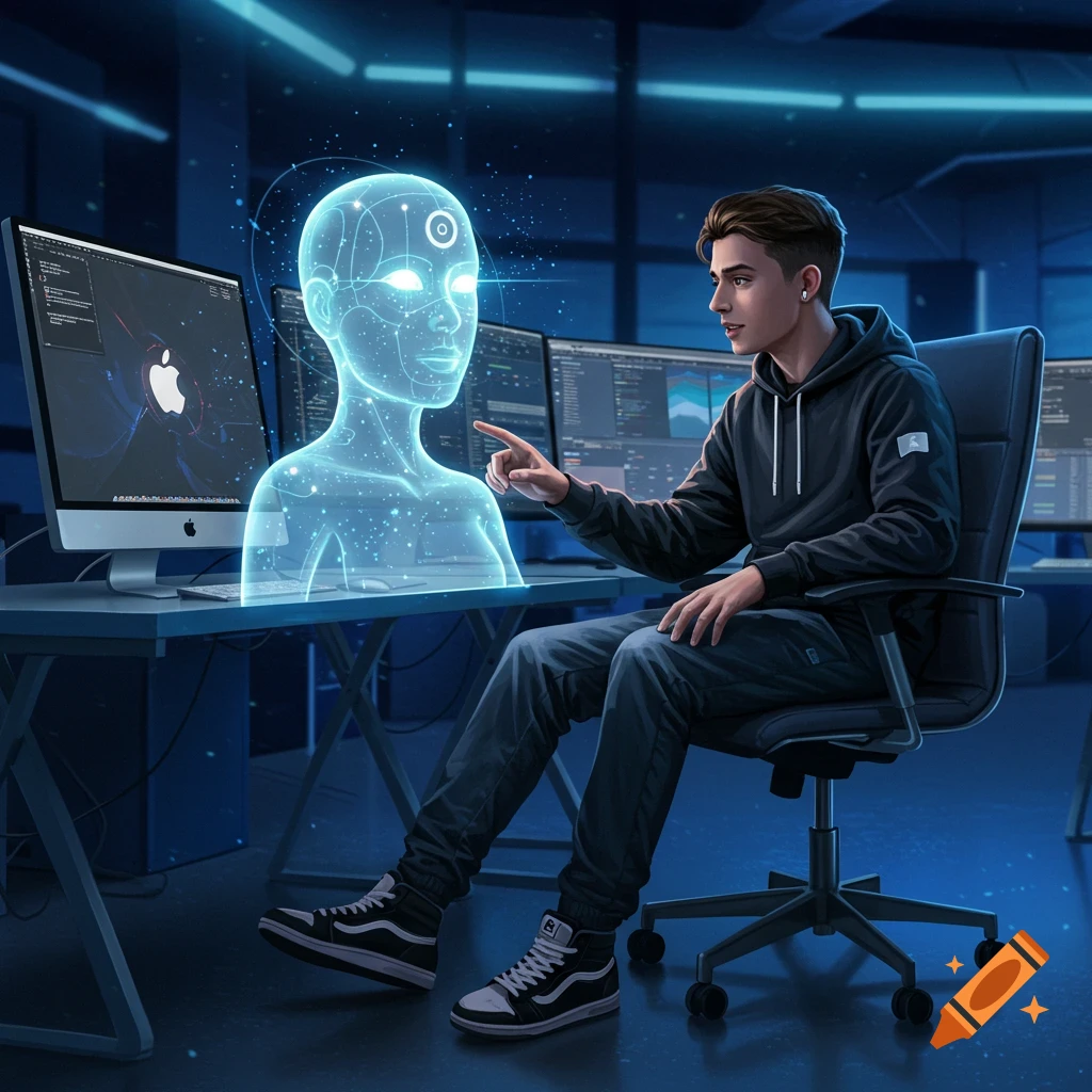 A young man sits at a desk with computers, pointing at a glowing holographic AI bust in a high-tech digital art style.