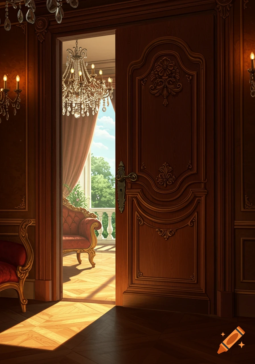 A grand wooden door, ornate and partially open, revealing a luxurious room with a crystal chandelier, red velvet couch, and a balcony with trees outside.