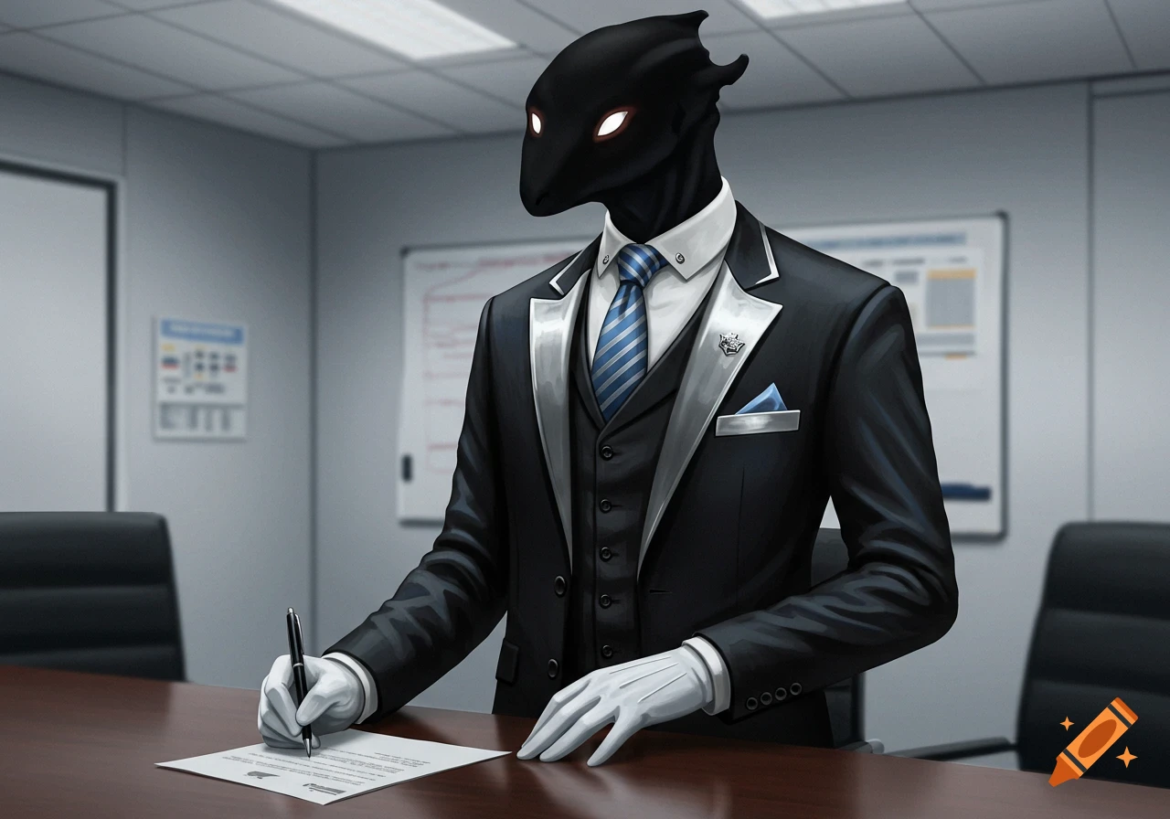 A dark, sleek creature with glowing eyes in a formal black suit, blue striped tie, and white gloves signs a document at a wooden desk in an office.