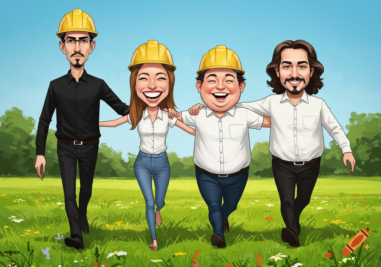 Four happy caricature architects, wearing hard hats and linked arms, walk through a green meadow with trees and a blue sky.