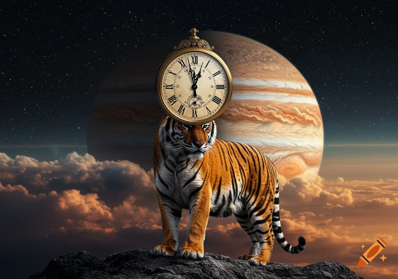 A photorealistic tiger with a large pocket watch for a head stands on a rocky peak, with Jupiter and a starry sky behind it.